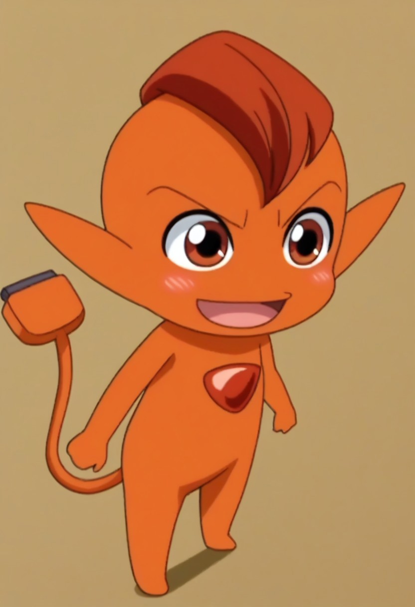 solo, no humans, pokemon(creature), brown eyes, 1boy, male focus, full body, orange skin, red eyes, tail, orange eyes, pointy ears, flame-tipped tail, red hair, open mouth, smile, blush, simple background, high quality