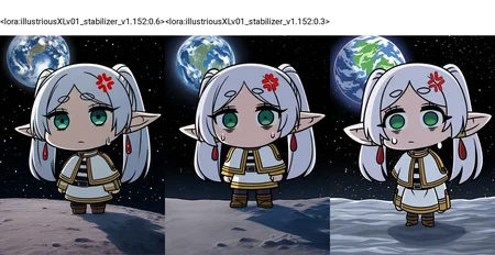 <lora:illustriousXLv01_stabilizer_v1.152:0.6>1girl,green eyes,white hair,frieren,anger vein,chibi,standing on the moon,full body,sweatdrop,exhausted,Earth in background,black background,stars in sky,masterpiece,