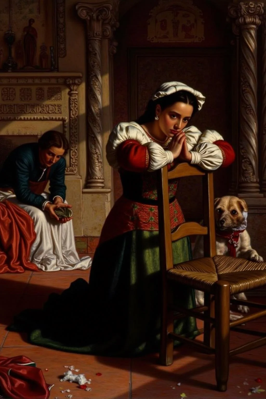 williamhhunt1 painting. A woman and a dog in a domestic interior. The woman kneels on a terracotta-tiled floor, dressed in traditional Italian attire with a red and white blouse, a black skirt, and intricate green and gold embroidery. Her long dark hair is styled under a white headscarf. She is praying with her arms resting on the back of a chair. <lora:williamhhunt1_cap_d6a3e9:1.0><lora:838049695709345951:0>