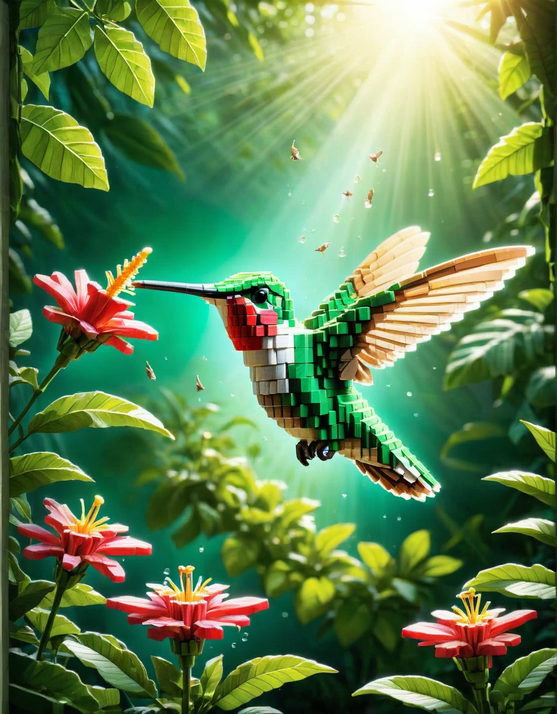 An ais-wdnblcks hummingbird feeding in the jungle, capturing the moment of delicate balance and vibrant colors against the lush green backdrop, with sunlight filtering through the dense canopy above. <lora:ais-wdnblcks-sdxl:1>
