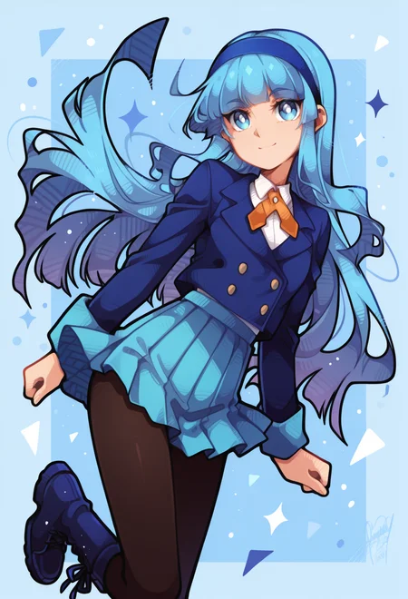 masterpiece, best quality, high quality, anime, solo,
<lora:AEUmiIlx:1>
AEUmiDef, blue eyes, blue hair, blunt bangs, long hair, blue hairband, school uniform, blazer, blue jacket, long sleeves, collared shirt, orange ribbon, white shirt, blue skirt, pleated skirt, black pantyhose, blue footwear, boots,
light smile, <lora:AESTYLES:1.35> white pupils, blue background,