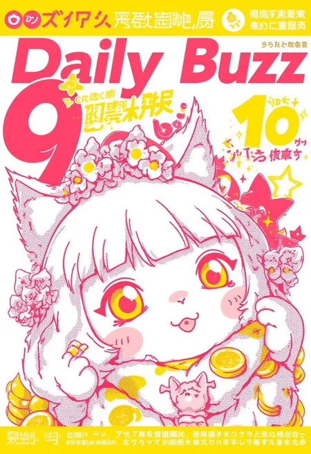 score_9, score_8_up, score_7_up, detailed face, detailed eyes, cute,
cutep0ster, pop-art illustration poster, japanese text, cat, coins,
text magazine title: "DailyBuzz" and with text "10 tips for more Buzz!"