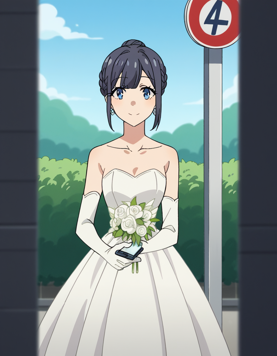 score_9, score_8_up, score_7_up, source_anime, <lora:shouko-makinohara-s1-movie-ponyxl-lora-nochekaiser:1>, shouko makinohara, blue eyes, black hair, braid,, hair bun, french braid, single hair bun, gloves, dress, bare shoulders, jewelry, collarbone, earrings, elbow gloves, white gloves, white dress, strapless, white flower, strapless dress, wedding dress, long dress,, bus stop, waiting, commuter, smartphone, checking time, cold morning, smile, looking at viewer, solo,, cowboy shot, dutch angle