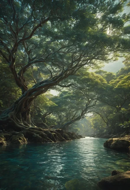 detailxl. Wind blowing Banyan leaves, dreamy weather, by the water body, depth of field effect. bioluminescent-shikoku gleams, prismatic cohesive color grading.
4k, highres, best quality, cinematic, epic. concept art, digital art, realistic, professional masterpiece, curvilinear perspective, sharp clarity. fine intricate details, great lighting, dappled soft lighting, volumetric lighting, detailed highlights, rim lighting