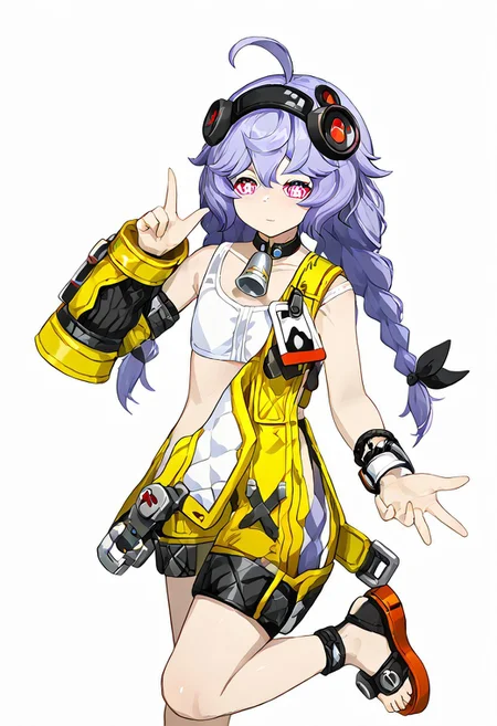 score_9, score_8_up, score_7_up, score_6_up, score_5_up, score_4_up, source_anime, solo, 1girl,
mhk,shorts yellow, bright pupils, twintails, black bow, bare shoulders, headphones, white pupils, +_+, pink eyes, wristband, flip-flops, id card, black choker, light purple hair, sports bra, sleeveless, white tank top, , low twintails hair ribbon,, red eyes, toeless footwear, arm warmers, multicolored eyes, neck bell, headset, overalls, jacket, hairband, single braid, black hairband,
masterpiece, best quality, very aesthetic, absurdres,