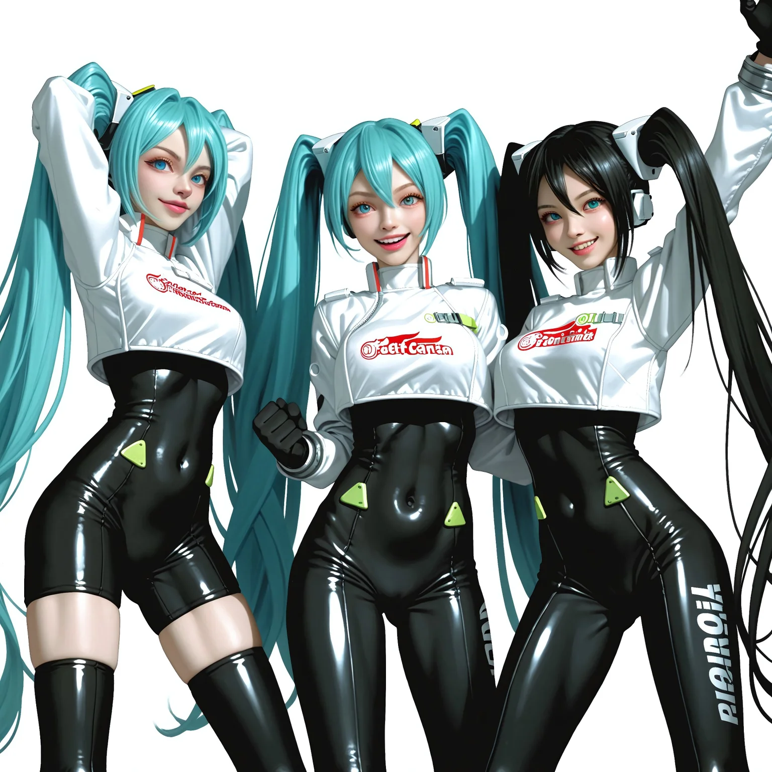 safe_pos, 
score_9, score_8_up, score_7_up, score_6_up, BREAK,
three women, miku22, aqua eyes, aqua hair, black bodysuit, breasts, covered navel, hatsune miku, long hair, race queen, skin tight, thighhighs, twintails,  zipper,
masterpiece, absurdres, large breasts, skin tight, impossible clothes, mask, Ladie combatant, whole body, Beautiful,
black bodysuit
, skin tight, impossible clothes,  Ladie combatant, Fighting Pause, kung fu pose,　