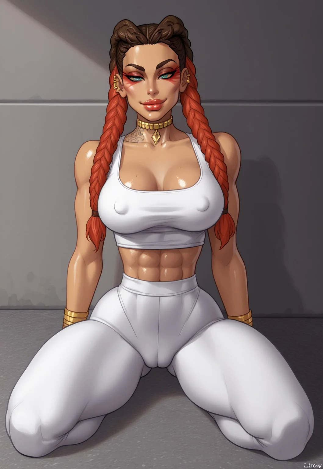 28yo girl,loba \(apex legends\), mature,dark-skinned female,black lipstick,
score_9,score_8_up,score_7_up,score_6_up,rating_explicit,choker,
1girl, solo,dark-skinned female,solo focus, gold trim,jewel trim,half-closed eyes,sly smile,furrowed brow, dark-skinned muscular female,medium breasts, thick lips, shiny skin, thick thighs, big ass, thin waist,perfect body,
tank top,tight leggings,
<lora:thepit_ponyxl:1>,<lora:officialpit_style_v11:0.2>,<lora:Expressive_H:.71> Expressiveh <lora:selfieXLv2:.8>