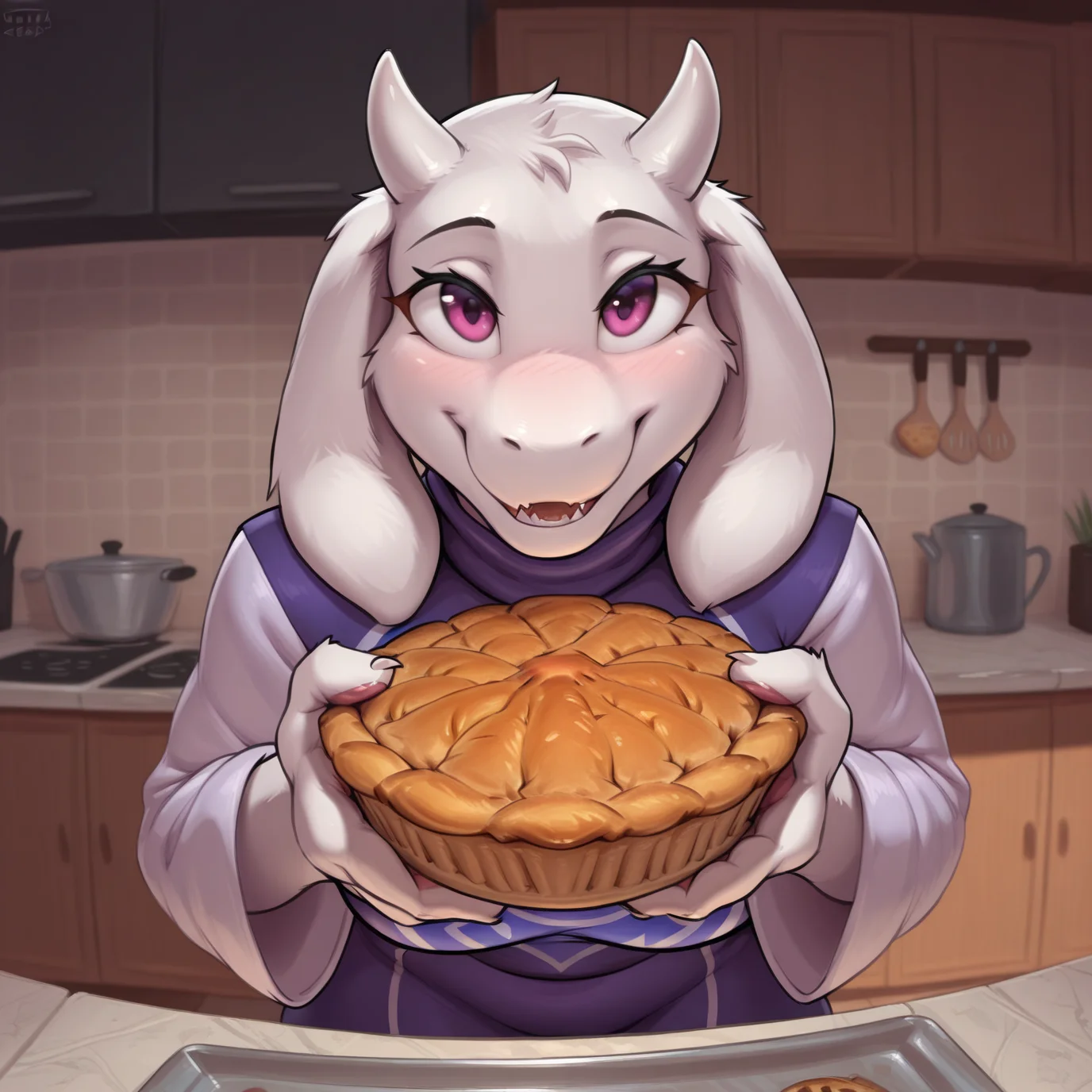 masterpiece, best quality, amazing quality,byNaiveTabby,1girl,solo, furry,furry female, toriel,standing,upper body, purple dress, close-up,holding pie, kitchen<lora:NaiveTabby_v2:1>