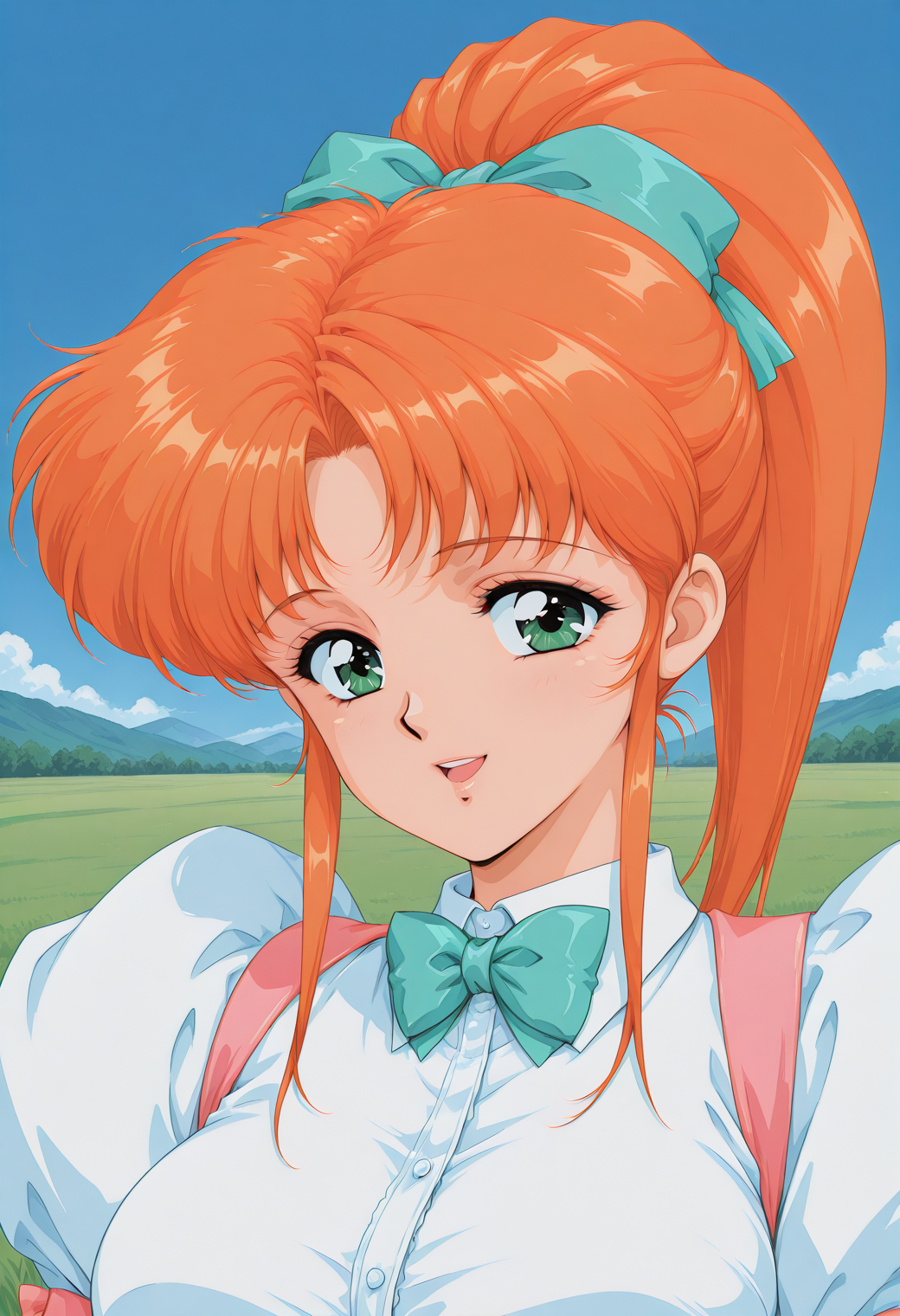 fr_fukawa_miku, retro artstyle, green eyes, orange hair, long hair, ponytail, hair ribbon, green ribbon, green bowtie, short sleeves, waitress, t, <lora:fr_fukawa_miku_illustrious_ver2:0.8> 
smile,, 1girl, solo, blue sky, (grasslands:1.2), looking at viewer,, masterpiece, best quality, sensitive,, (upper body:1.2), (close-up:1.2), (facing viewer:1.2), (open eyes:1.4), (portrait:1.2)