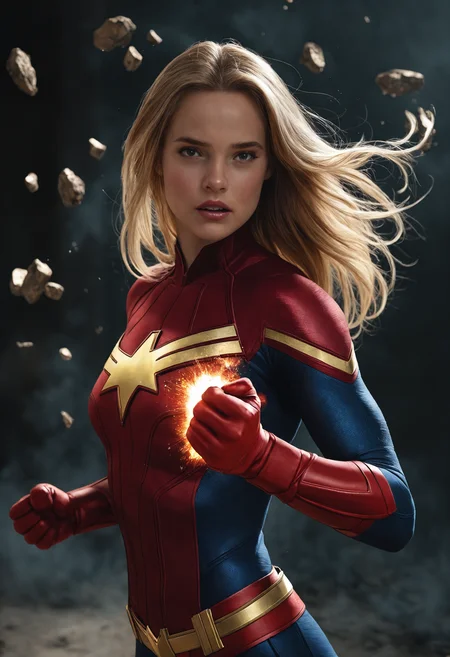 masterpiece, photorealistic,1girl,Captain Marvel, punching, explosive punch, shatter, dramatic lighting, dark, foreboding