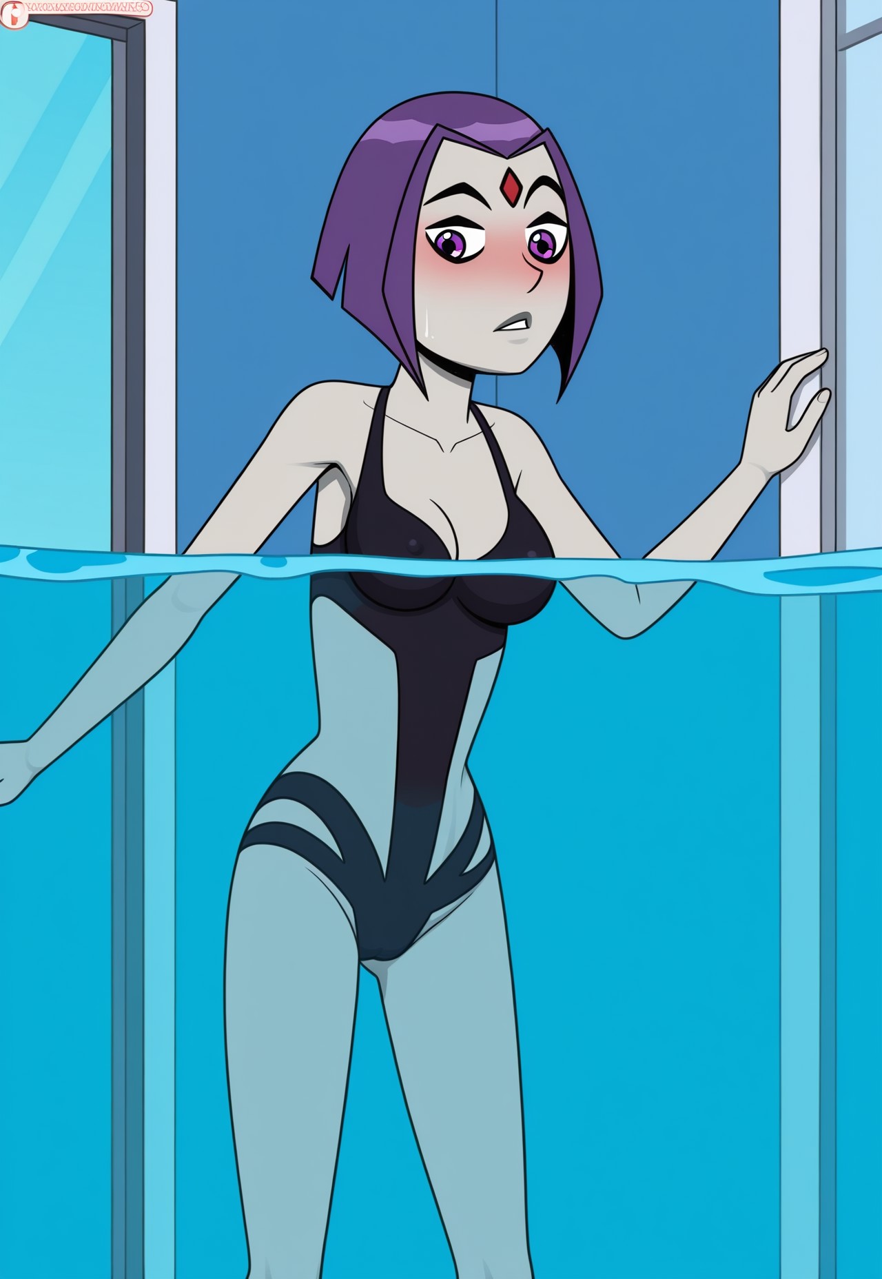 Inc Style, perfect anatomy, 1girl, solo, in-door pool, Raven Inc Roth, Swimsuit Inc Rav