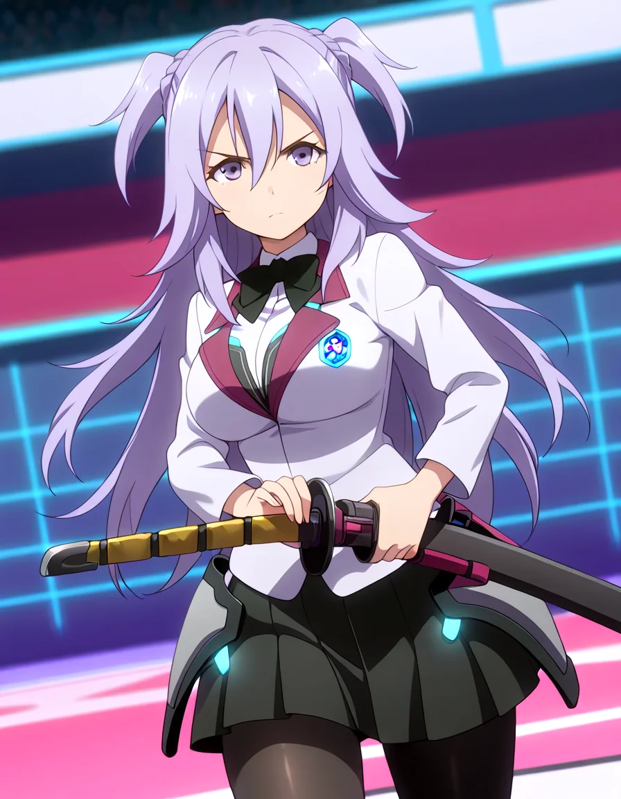 masterpiece, best quality, highly aesthetic, absurdres,  1girl, purple eyes, long hair, purple hair, hair between eyes, two side up, sidelocks, large breasts, school uniform, blazer, button badge, black bowtie, black skirt, pleated skirt, hip armor, black pantyhose, serious, looking ahead,  cowboy shot, katana, holding sword, sheath, sheathed, ready to draw, iaidou,  arena, audience  <lora:toudou-kirin-il11-v1:1>