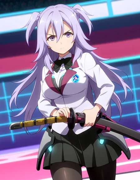 masterpiece, best quality, highly aesthetic, absurdres, 1girl, purple eyes, long hair, purple hair, hair between eyes, two side up, sidelocks, large breasts, school uniform, blazer, button badge, black bowtie, black skirt, pleated skirt, hip armor, black pantyhose, serious, looking ahead, cowboy shot, katana, holding sword, sheath, sheathed, ready to draw, iaidou, arena, audience <lora:toudou-kirin-il11-v1:1>