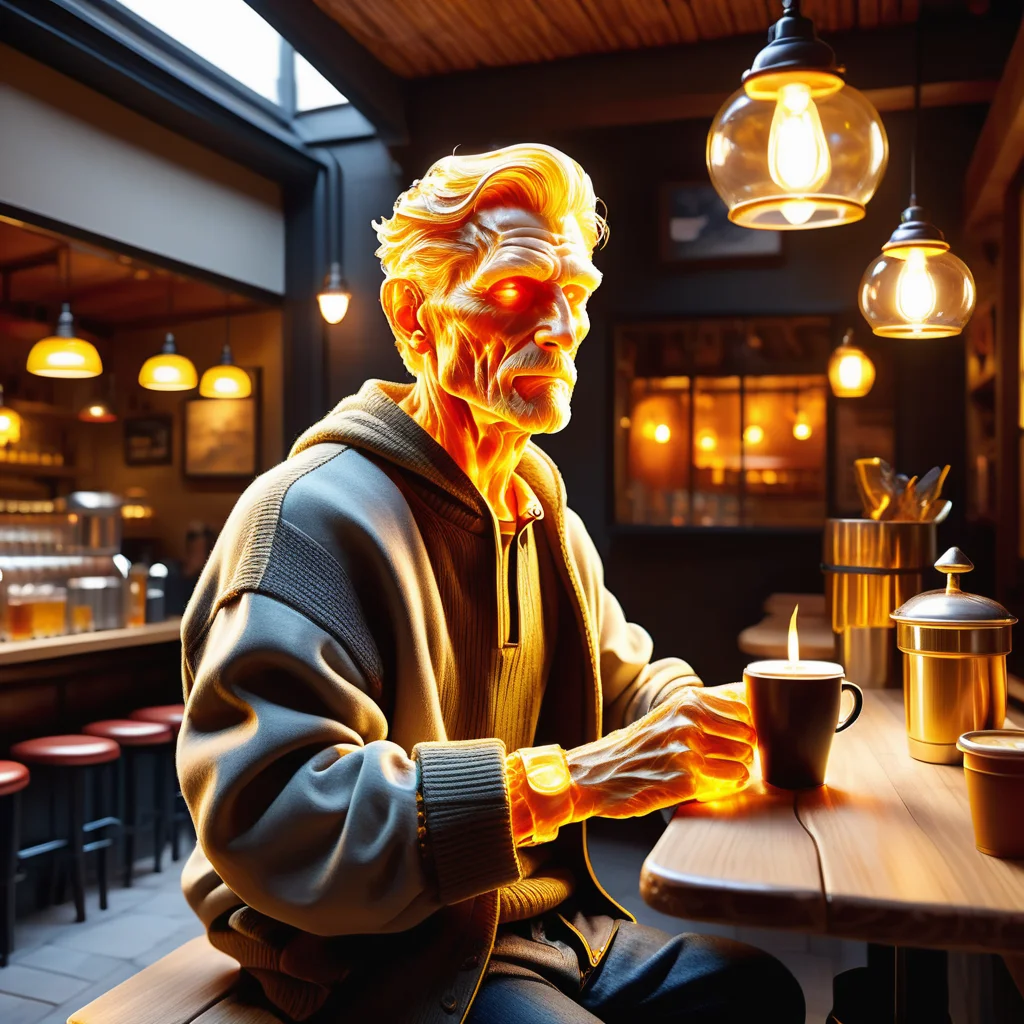 hyper detailed masterpiece, dynamic, awesome quality,DonMF1r3XL made of fire male elderly curvy, european, chestnut eyes, long nose, v-shaped jaw, uneven forehead, cheekbones, golden blonde comb-over hair, hope wearing tapered pants, flannel honeycomb open knit sweater, hiking boots, visor, , hand on collarbone, placing a hand on the collarbone, creating a captivating and alluring pose, warm lighting, soft golden or amber hues creating a cozy and inviting atmosphere, a friendly neighborhood café, with cozy seating, friendly staff, and the aroma of freshly brewed coffee, retail stores, onyx stone,clay tiles roof,plastic lumber,prefabricated materials, fire bowls,fireflies, bar lighting <lora:DonMF1r3XL-000006:0.85>
