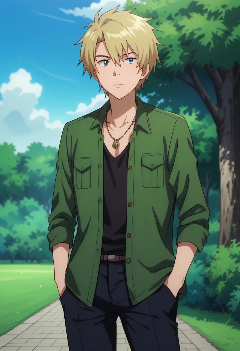 score_9, score_8_up, score_7_up, source_anime, highly detailed,
yamatri, 1boy, outdoors, tree, male focus, jewelry, necklace, day, sky, pants, shirt,blonde hair,
jacket, open clothes, cloud, black pants, green jacket, open jacket, standing, pocket, hand in pocket,
blue sky, upper body,