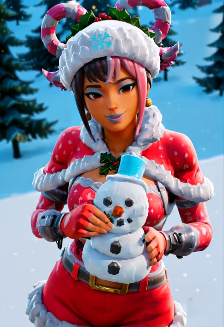 IllustriousQual <lora:StS-Illustrious-Detail-Slider-v1.0:2> <lora:cfg_scale_boost:0.3> <lora:Frozen_Nog_Ops_IL:1> FrozenNogOpsIL, dark skin, dark-skinned female, black hair, grey ponytail, braided hair, brown eyes, blue eyeshadow, blue lipstick, fingerless gloves,detailed_background,outdoors,holding,gloves,two-tone hair,fire emblem heroes,santa capelet,snowman earrings,sidelocks,striped clothes,pink eyes,small breasts,multicolored hair,nintendo,official alternate costume,hortensia \(fire emblem\),highres,pink hair,red gloves,santa dress,fire emblem engage,hortensia \(winter&