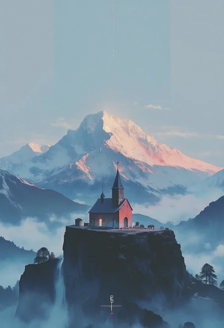 xijie-blue,A solitary red gothic red church stands silhouetted against a misty, cool-toned dusk sky, photographed in a wide shot from a low angle. The church's distinctive architecture features clean lines, a pointed steeple topped with a cross, and bright red walls that contrast dramatically with the dark hillside below. A mountainous silhouette looms in the background, partially obscured by atmospheric mist. The composition employs a minimalist approach with deep depth of field and natural backlighting, creating a moody scene dominated by cool tones and dramatic contrast.