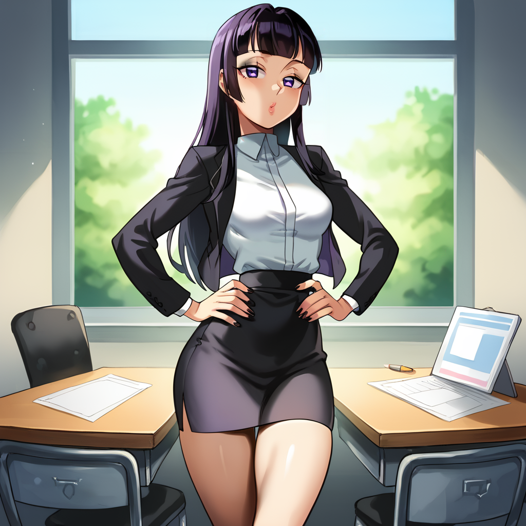 zPDXL3, score_9, score_8_up, score_7_up, <lora:SasatsengStyle:1>, (toon:0.8), solo, standing, hands on hips, dynamic pose, 1 girl, small breasts, (slim waist), wide hips, big thighs, black hair, hime cut, long hair, purple eyes, black eyeliner, suit, pencil skirt, black jacket, white shirt, black skirt BREAK Office, detailed background, chairs, desks