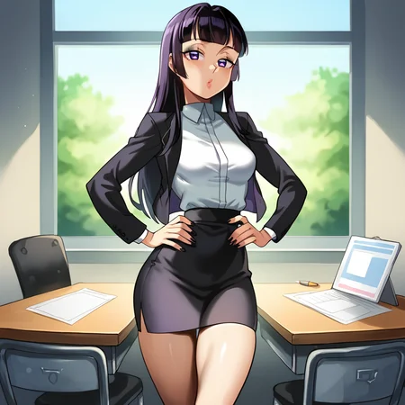 zPDXL3, score_9, score_8_up, score_7_up, <lora:SasatsengStyle:1>, (toon:0.8), solo, standing, hands on hips, dynamic pose, 1 girl, small breasts, (slim waist), wide hips, big thighs, black hair, hime cut, long hair, purple eyes, black eyeliner, suit, pencil skirt, black jacket, white shirt, black skirt BREAK Office, detailed background, chairs, desks