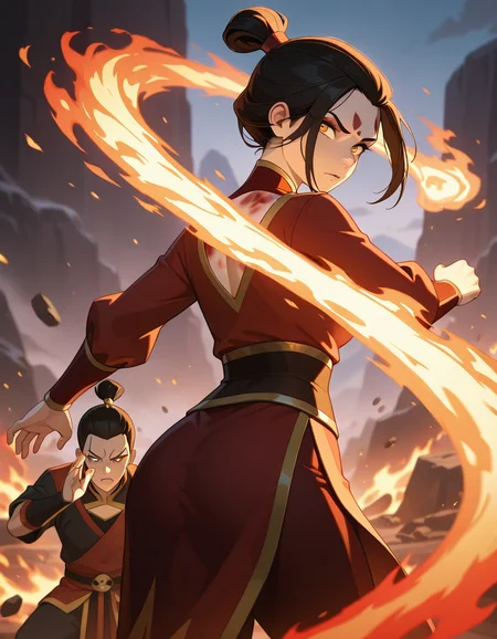 anime, masterpiece, best quality, detailed background, 8k, detailed face, beautiful eyes mature, 

4V4T4R, fire bending, Azula (avatar), blue flame, fighting, from behind,  1girl,  BREAK, 1boy, Zuko (Avatar), burn mark, red flame, cinematic shot, cowboy shot, looking at viewer,