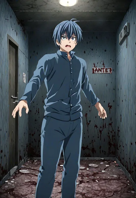 high resolution, solo, best quality, 1Boy, Tomoya Okazaki, Grey Blue Hair, guts's test, haunted place, OverallDetail