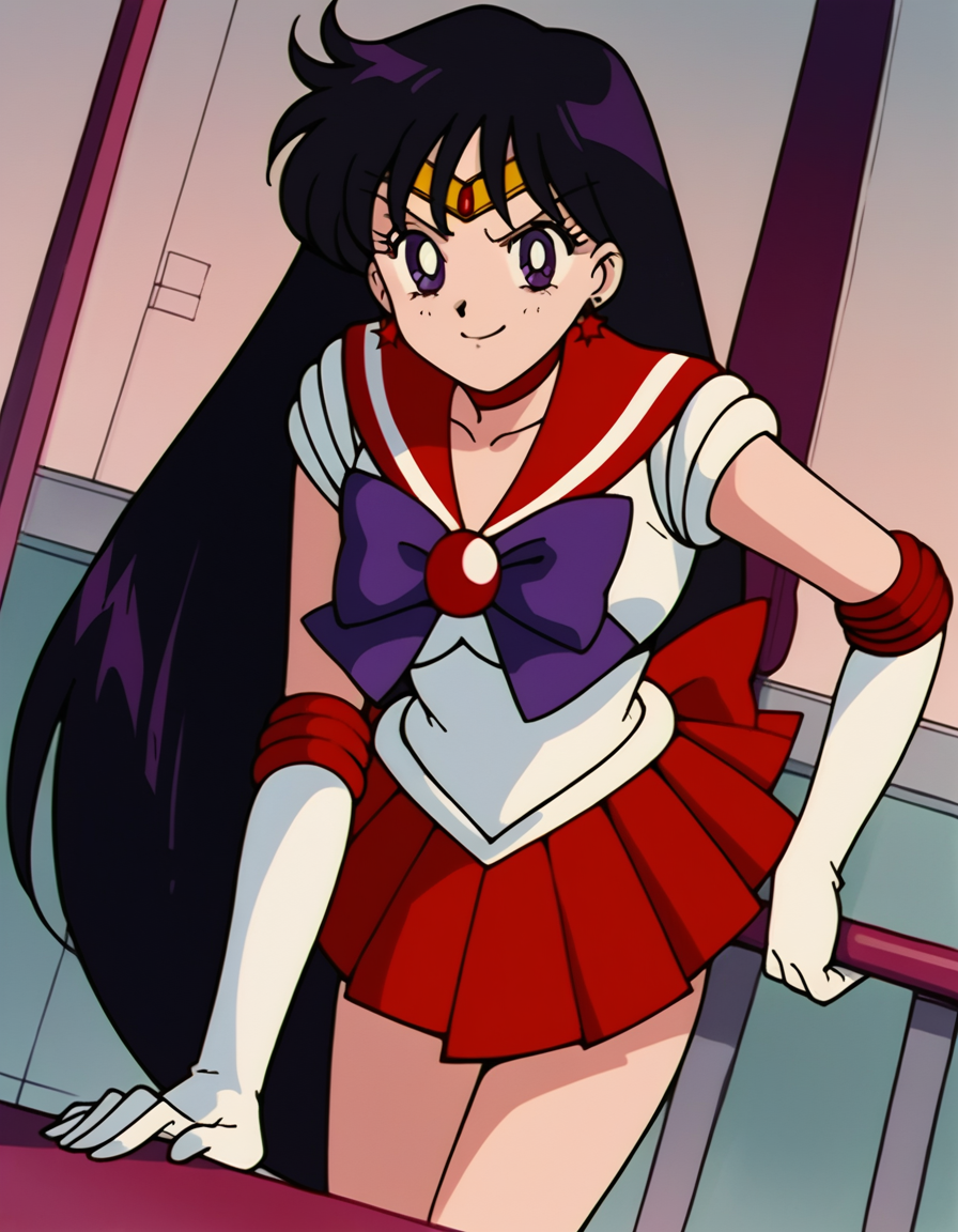 score_9, score_8_up, score_7_up, source_anime, <lora:rei-hino-s3-ponyxl-lora-nochekaiser:1>, rei hino, black hair, diadem, long hair, purple eyes, parted bangs,, gloves, magical girl, microskirt, pleated skirt, red skirt, sailor senshi uniform, skirt, white gloves, bow, purple bow, sailor collar, red sailor collar,, indoors, bent over, smile, smug, looking at viewer, solo,, cowboy shot, dutch angle