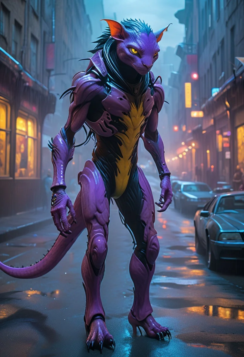 score_9, score_8_up, score_9_up, SilverPulse, Fantasy Creature, punk hair, lizard, cat, alien girl, feminime, female, 1girl, four arms, Avatar navi alien with purple skin, bal, big eyes, medium breast, red trench coat, running on the top of train, yellow train, cyberpunk city, night, neon light, rainy, dynamic view, dynamic pose, super wide angle shot, extreme perspective,