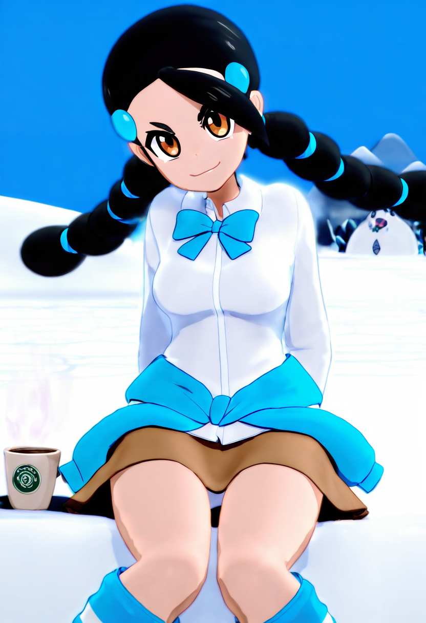 masterpiece, best quality, medium breasts, (curvy),   zzCandice,  hair ornament, twintails,  hairclip, striped socks, bowtie,  sweater around waist, brown skirt,  (sitting,  ice, igloo, snow, snow lodge, 1girl, sitting, sweater, coffee, steam:1.1), , <lora:CandicePokemon_NAI:1.0>,, smile, looking at viewer, cowboy shot, leaning forward, hands behind back, smug, head tilt, ,<lora:MantisNAI:0.8>,