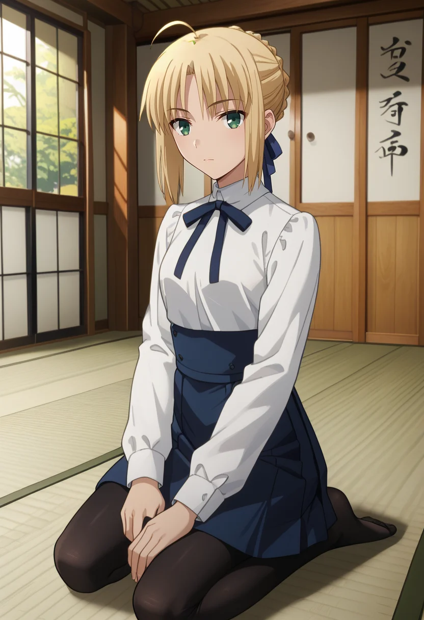 score_9,
<lora:FateStayNightUBW_SaberXL:0.9>, SaberFS,
1girl, solo,
blonde hair, green eyes, short hair, french braid, ahoge,
SaberCasual, white shirt, neck ribbon, long sleeves, high-waist skirt, blue skirt, black pantyhose,
kneeling, looking at viewer,
indoors, tatami