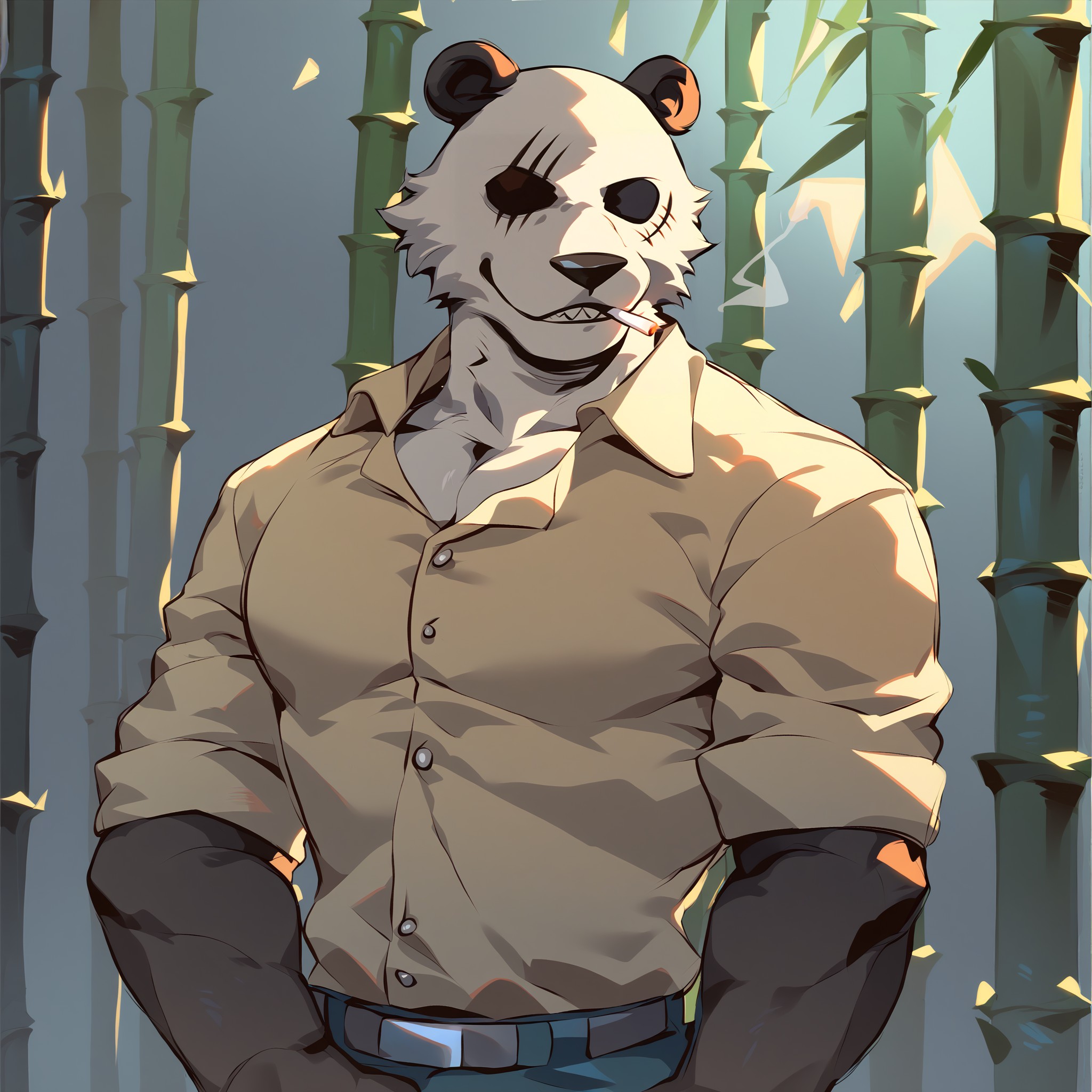 score_9, score_8_up, score_7_up, <lora:Gouhin(Beastars)PonyXL:1>, anthro, male, muscular male, smile, solo, standing, gouhin (beastars), panda, cigarette, bamboo