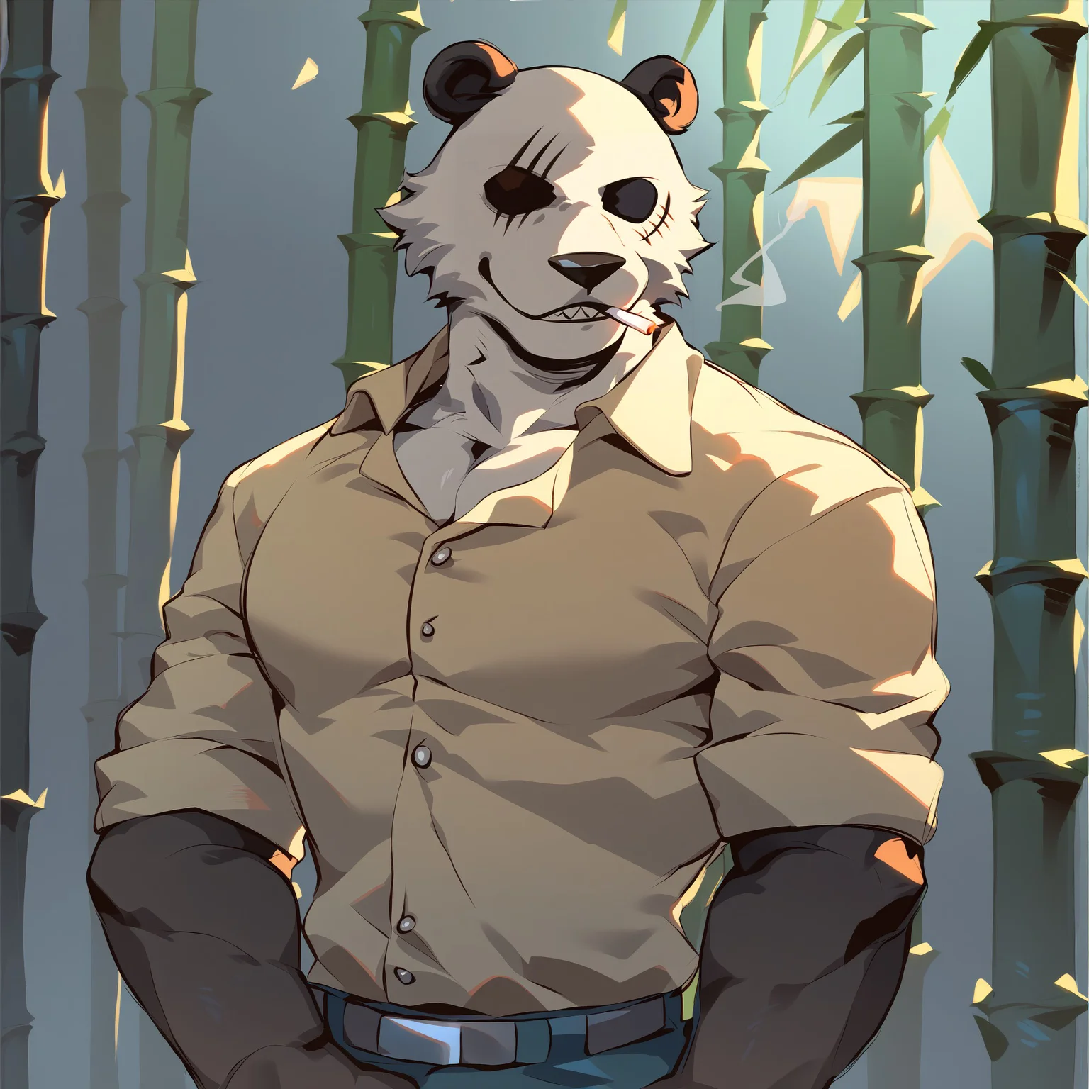 score_9, score_8_up, score_7_up, <lora:Gouhin(Beastars)PonyXL:1>, anthro, male, muscular male, smile, solo, standing, gouhin (beastars), panda, cigarette, bamboo