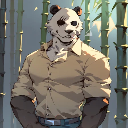 score_9, score_8_up, score_7_up, <lora:Gouhin(Beastars)PonyXL:1>, anthro, male, muscular male, smile, solo, standing, gouhin (beastars), panda, cigarette, bamboo
