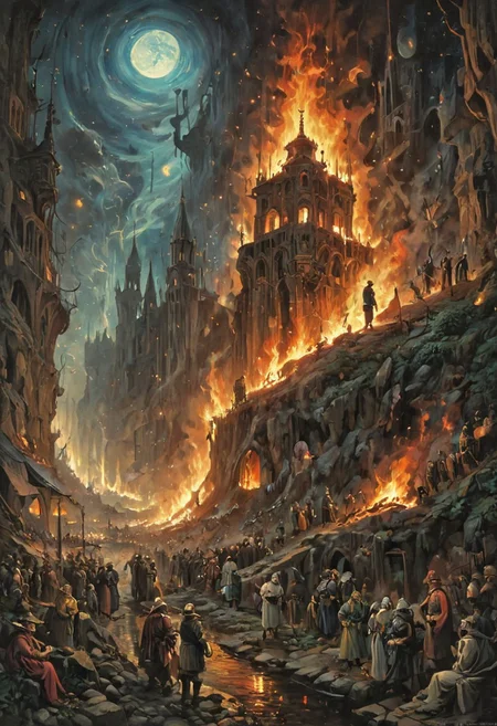 Group of Persian men amidst.  in “The Garden of Earthly Delights” art Hieronymus Bosch. akin to the style of  Giovanni Battista Piranesi, with the proportional intricacy of Moebius. The scene is  a chaotic street protest in the town Alicante filled with tension and unrest, as flames from an explosion illuminate the night sky,  Include elements of various electrodomestic, vehicles and drones, devices in the scene. This artwork should convey the complexity and depth of the decline of technology and its influence on modern society. 8k resolution. Chiaroscuro Lighting Style, hud_m4x_4bstr4ct_styl, colorful, abstract,