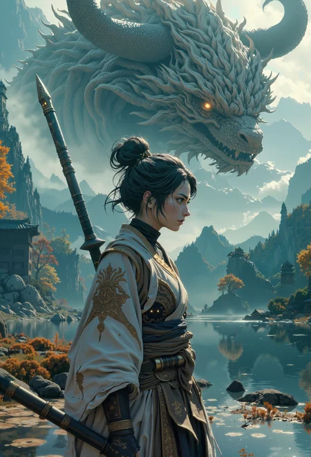 Anime style, elden ring style, d4arks0uls, A highly detailed analog photograph reminiscent of classic Japanese aesthetics capturing a young a female yÅkai psi warrior with a fair complexion from just above the knees as she gazes to the side in a serene, fantasy landscape. She is dressed in a traditional, flowing white Japanese kimono with intricate, golden, embroidered patterns, which is partially wrapped around her waist with a brown sash. The kimono's fabric appears soft and flowing, with delicate patterns that reflect light subtly. Her hair is dark, styled in an elegant updo with a few loose strands framing her face. She has a long, ornate sword strapped to her back, and a long, ornate staff in her hand in the foreground. Her expression is calm and contemplative, as she gazes into the distance. Looming over the scene is a massive, mythical, majestic, white dragon with glowing orange eyes, its enormous head and long neck casting a shadow over the woman. The dragon is intricate, with textured and detailed scales, a long snout, and sharp teeth, giving it a lifelike appearance. Its eyes glow with a piercing light, adding an air of mysticism and power to the composition. The dragon's presence looms over the woman, suggesting a connection or symbiosis between them. The landscape around them is a tranquil, mountainous setting with lush greenery and autumnal trees, their leaves in hues of orange and yellow. A serene, reflective lake occupies the foreground, bordered by rocks and a small wooden Japanese building on its shore. The sky is a soft blue and overcast with a soft, diffused light that casts a gentle glow over the scene, with wispy clouds, and the distant mountains are shrouded in mist, adding to the mystical atmosphere. The overall style is a blend of fantasy and realism, with meticulous attention to detail and a color palette that is a harmonious blend of cool blues, greens, and warm autumnal tones, creating a peaceful yet enchanting scene. <lora:flux\artstyle\manga_anime\MJanime_Flux_LoRa_v3_Final.safetensors:0.8>, <lora:flux\artstyle\game\Elden_Ring_Style.safetensors:0.4>, <lora:flux\artstyle\game\Dark_Souls_Flux.safetensors:0.25>, <lora:flux\detail\MysticFantasy_detailer.safetensors:0.35>, <lora:flux\turbos\FLUX.1-Turbo-Alpha.safetensors:1.0>,