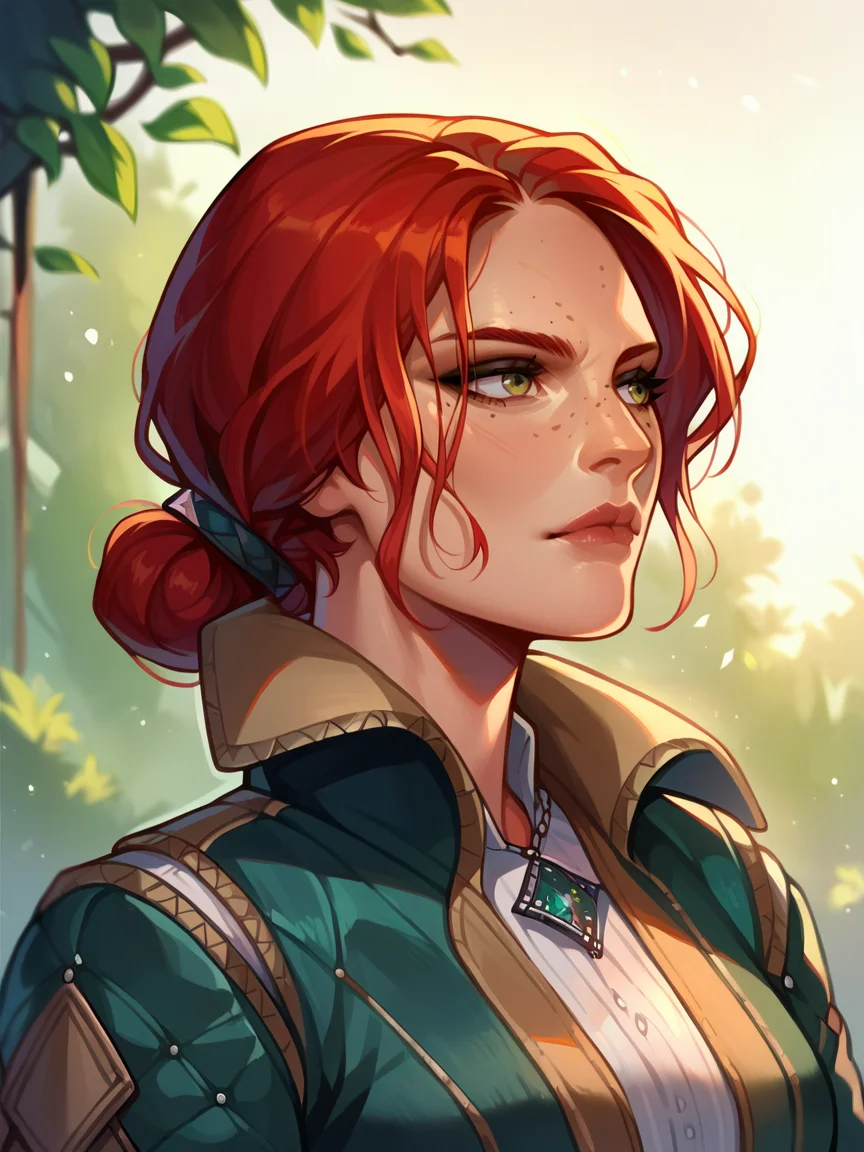 score_9, score_8_up, score_7_up, score_6_up, score_5_up, <lora:trissmerigoldXLP:1> triss merigold, 1girl, solo, red hair, freckles, hair bun, jacket,