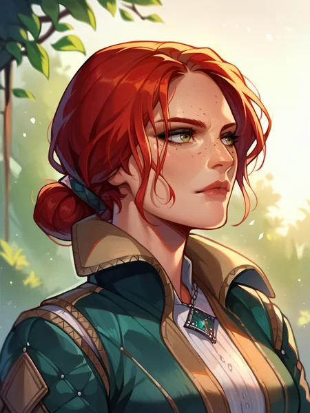 score_9, score_8_up, score_7_up, score_6_up, score_5_up, <lora:trissmerigoldXLP:1> triss merigold, 1girl, solo, red hair, freckles, hair bun, jacket,
