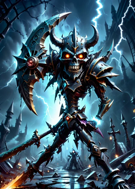 (axe:1.3), dark surreal (battleaxe:1.4) face in a steampunk atmosphere at evening,  shattered, wide, highly detailed, lightning <lora:battleaxev2:1.3>