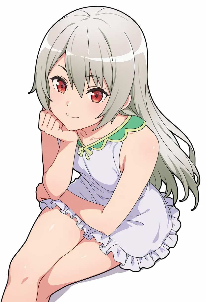 Smooth Quality,masterpiece,very intricate, high quality details, ultra realistic, high detailed skin,detailed enviorement,absurdres,
clenched hand,
 <lora:Ange_Maidena_CNR:0.8> ange_cnr, 1girl, grey hair, red eyes, long hair,, simple background, white background, from above,
sitting pose, legs crossed, one hand resting on chin, playful smile, relaxed shoulders,  ,, x3,, anorak,  ,tunic,  ,frilled skirt,,