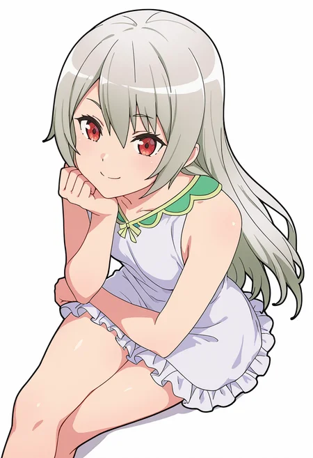 Smooth Quality,masterpiece,very intricate, high quality details, ultra realistic, high detailed skin,detailed enviorement,absurdres,
clenched hand,
<lora:Ange_Maidena_CNR:0.8> ange_cnr, 1girl, grey hair, red eyes, long hair,, simple background, white background, from above,
sitting pose, legs crossed, one hand resting on chin, playful smile, relaxed shoulders, ,, x3,, anorak, ,tunic, ,frilled skirt,,
