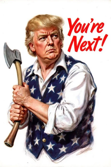 jamesmontgomeryflagg1 illustration. 
 WW2 Poster. Closeup of Donald Trump, wears a white shirt and a vest adorned with stars,s. He is swinging a large battle ax in his hand. The background is plain white. To the right of the person, bold red text reads "You're Next!" <lora:jamesmontgomeryflagg1_cap_d8a4e12:1.0><lora:859145790147275638:0>
