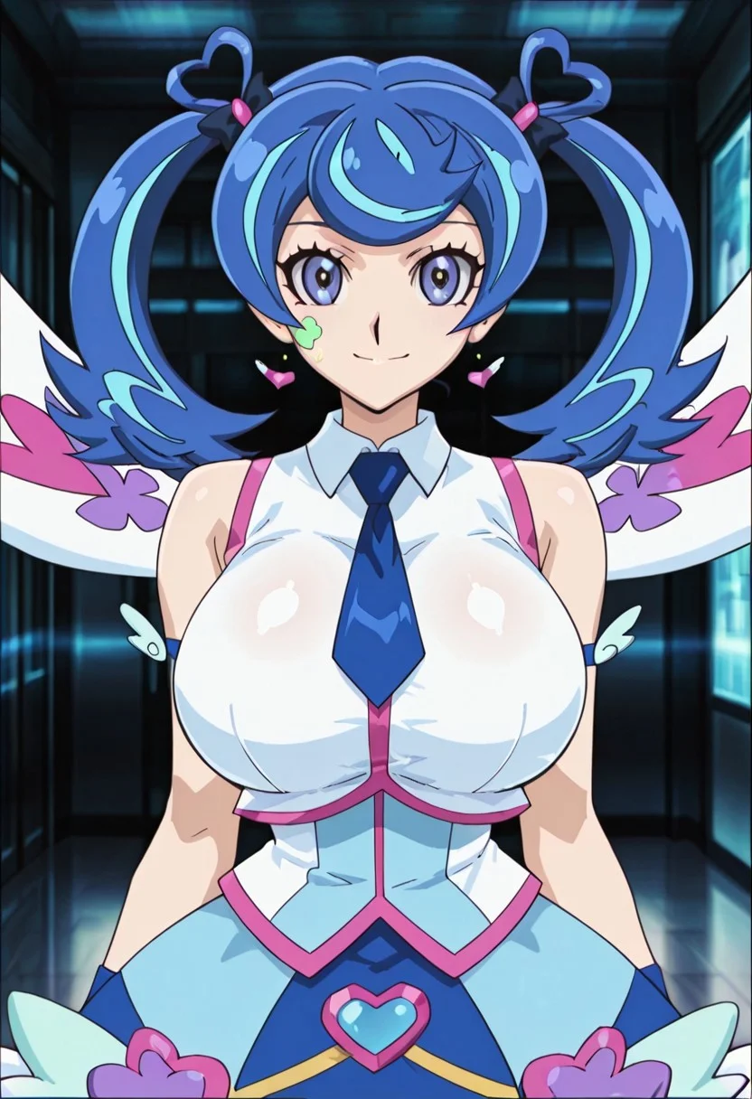 very_aesthetic, best_quality ,high_resolusion, 8K,crisp quality, ultra detailed,anime screencap
,perfect_eyes, Erotic_style,
1woman,solo,straight-on, cowboy shot, looking at viewer, indoors,smile,idol costume,
Blue angel,Blue hair, multi color hair, twintails, huge_breasts, blue_eyes, face paint,