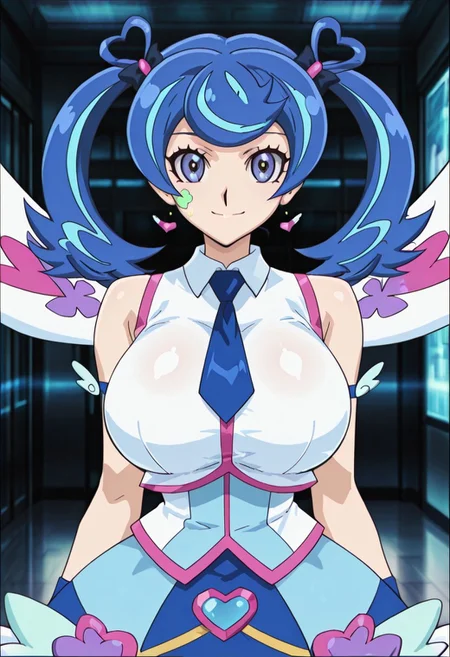 very_aesthetic, best_quality ,high_resolusion, 8K,crisp quality, ultra detailed,anime screencap
,perfect_eyes, Erotic_style,
1woman,solo,straight-on, cowboy shot, looking at viewer, indoors,smile,idol costume,
Blue angel,Blue hair, multi color hair, twintails, huge_breasts, blue_eyes, face paint,