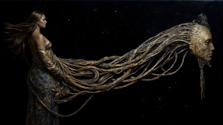 A mature intricate Namibian plump witch is half turned, looking back over her shoulder across the image. She has long bronze metallic hair, and is standing at one side of the image. She is silhouetted by a the night sky, filled with stars and galaxies. She is looking back over her shoulder with a joyful expression. Her long hair streams out across the image in an unseen wind, twisting and turning in elaborate waves and coils. The character's hair and body are fragmenting and transforming, stretched out, elongated into languorous tendrils that weave in and out of each other. On the other side of the image, the tendrils all blend into a beautiful synthetic being, composed of an organic pattern of whorls, spirals and waves. Overall, the image is a semi-abstract digital artwork, exploring the boundaries of deconstruction, transformation and the beauty that can arise from chaos. <lora:flux.1_lora_flyway_Epic-detail_v2:0.55> <lora:flux_realism_lora:0.35> <lora:Midjourney_Whisper_Chromaplex_Velvet_Myst_v01:0.25> <lora:di-filigree-relief_v10-11:0.25>