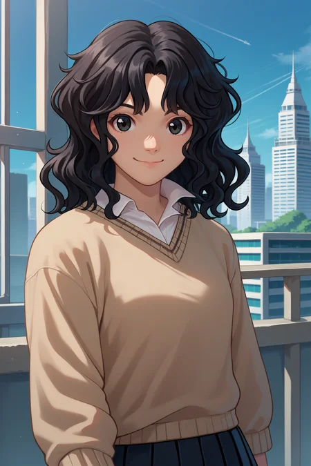 score_9, score_8_up, score_7_up, score_6_up, source_anime, 1girl, solo, <lora:tanamachikaoru-pdxl-nvwls-v1-000006:1> amagamiTK, black hair, wavy hair, medium hair, black eyes, beige sweater, white shirt, pleated skirt, black skirt, upper body, portrait, looking at you, smile, closed mouth, happy, blue sky, city