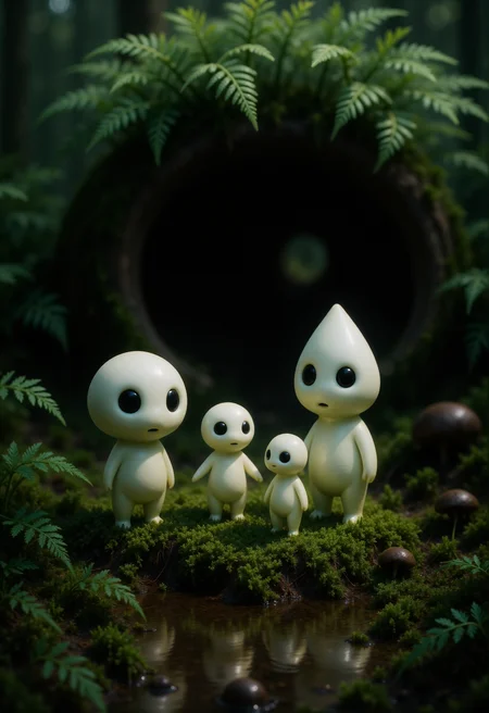 In a shaded nook beneath an enormous fern, a family of white Kodamas gathers in a soft circle on a bed of moss. Each Kodama has a smooth, pale body with a distinctively shaped headâone round like a pebble, another tall and narrow like a teardrop, a third with angular ridges like a small mountain, and a fourth with a wide, flat top like a mushroom cap. Their large, dark eyes glow faintly in the dappled light filtering through the forest canopy above. The smallest Kodama toddles unsteadily between its parents, arms outstretched, while a sibling reaches out to catch it with tiny hands. Around them, towering blades of grass, oversized fallen leaves, and a curled bark tunnel form the boundaries of their miniature world. A puddle nearby reflects their pale shapes, and a gentle breeze causes the leaves above to sway, creating a moment of calm togetherness in their hidden, mossy forest home. <lora:Kodama_V1:1>