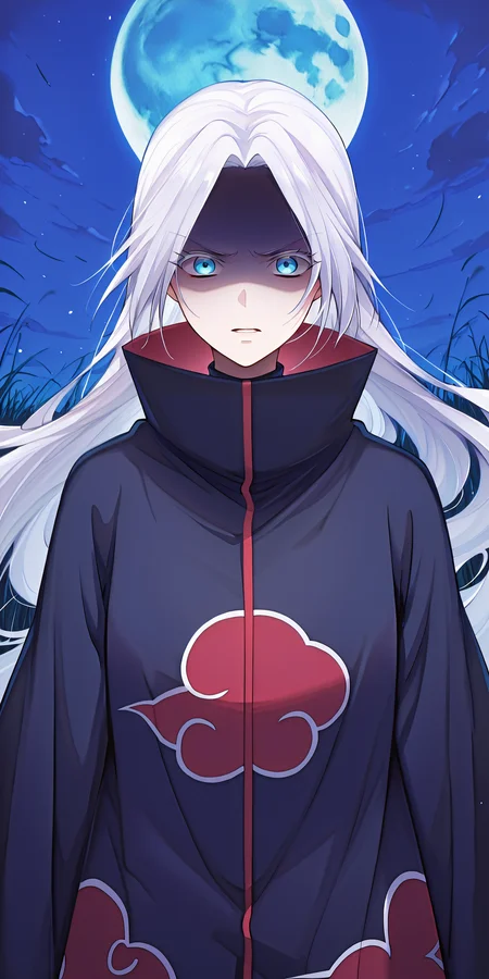 (masterpiece), (best quality), (ultra-detailed), (best illustration), (best shadow), (absurdres), (very aesthetic), 1girl, solo, <lora:Dahlia-éä¸:1>, dahlia-emp, silver hair, azure eyes, long hair, <lora:akatsuki_uniformILL:1>, akatsuki_uniform, long jacket, cloak, high collar, shaded face, cold expression, blue moon, field, upper body