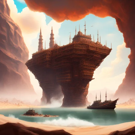 (BoneFortress:1) giant ship structure, body of water, smoke, desert castle in the sky <lora:BoneFortress:0.8>
