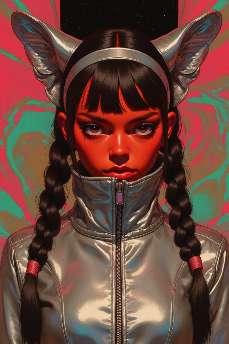 (cksc style, fantasy painting) A hyper-realistic digital artwork inspired by 90s anime and manga: A highly detailed digital close-up portrait of a woman with striking, single-tone crimson skin, long jet-black hair styled into two precise, glossy braids, and a sleek chrome cat ear headband resting atop her head. She wears a high-tech, reflective silver bodysuit with a structured high collar and a partially unzipped front, the liquid-metal fabric catching light with a futuristic gleam. Her deep brown eyes, framed by bold lashes, radiate intensity, while her lips, coated in a pearlescent pink gloss, provide an elegant contrast to her crimson complexion. The background is a surreal explosion of color—a psychedelic, spiraling tunnel of marbled hues, blending deep reds, electric blues, vivid greens, and glowing yellows, warping into a cosmic abyss of a black, starry night sky at the top. She stands against a swirling, liquid-like surface in vibrant pink, turquoise, and gold, creating a dreamlike fusion of sci-fi and psychedelic fantasy. The chaotic yet mesmerizing setting contrasts with her futuristic elegance, amplifying the sense of mystery and energy. Every detail is meticulously rendered, from the intricate metallic reflections on her attire to the silk-like flow of her braids, creating a vision reminiscent of high-end concept art for a cyberpunk-fantasy cinematic universe. (lorenastyle, retro futuristic clothing style)