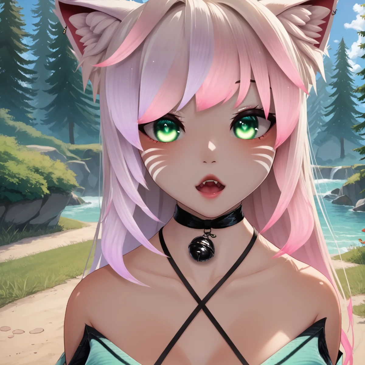 score_6, score_9, score_8_up, score_7_up, BREAK source_anime,
1girl, solo, long hair, looking at viewer, open mouth, bangs, animal ears, bare shoulders, green eyes, upper body, pink hair, multicolored hair, choker, cat ears, dark skin, off shoulder, bell, fangs, black choker, facial mark, jingle bell, neck bell, whisker markings, Kiwi2.0,
<lora:Kiwi2-Ven-Ponyxl-V1:1>, source_anime, <lora:Real_Anime_v2:0.2>, <lora:mfcgXL:0.2>,