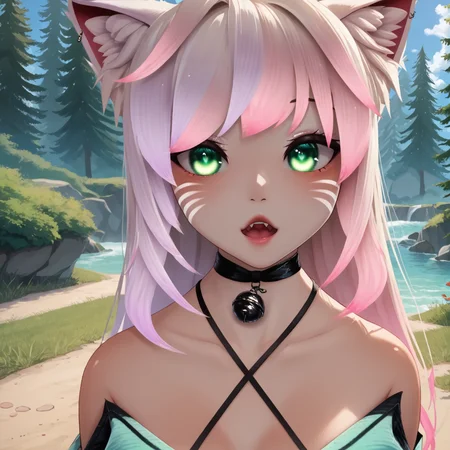 score_6, score_9, score_8_up, score_7_up, BREAK source_anime,
1girl, solo, long hair, looking at viewer, open mouth, bangs, animal ears, bare shoulders, green eyes, upper body, pink hair, multicolored hair, choker, cat ears, dark skin, off shoulder, bell, fangs, black choker, facial mark, jingle bell, neck bell, whisker markings, Kiwi2.0,
<lora:Kiwi2-Ven-Ponyxl-V1:1>, source_anime, <lora:Real_Anime_v2:0.2>, <lora:mfcgXL:0.2>,